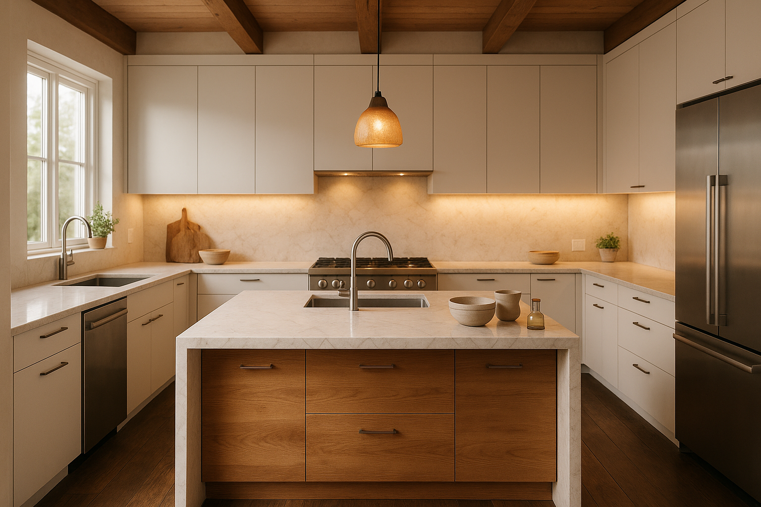 Elegant interior with sage green walls and terracotta furniture overlooking surreal landscape